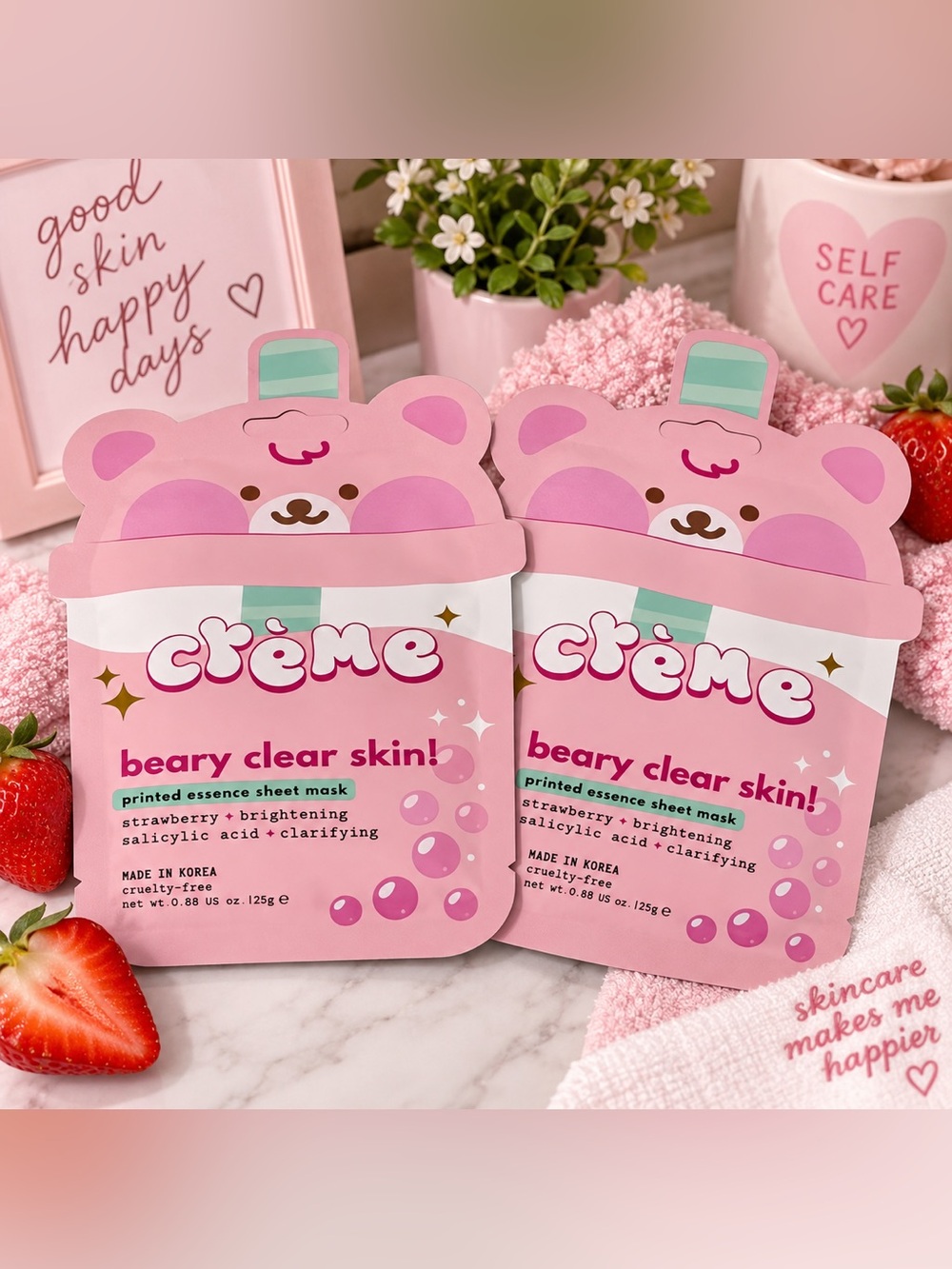 The Crème Shop Beary Clear Strawberry Sheet Mask 2-Pack NEW K-Beauty